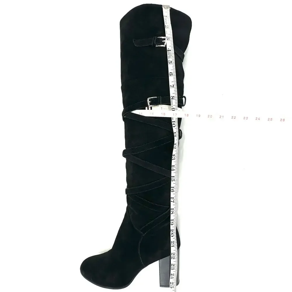 Sam Edelman Sable Black Over-The-Knee Boot Sz 9.5 Suede Heeled Adjustable Straps